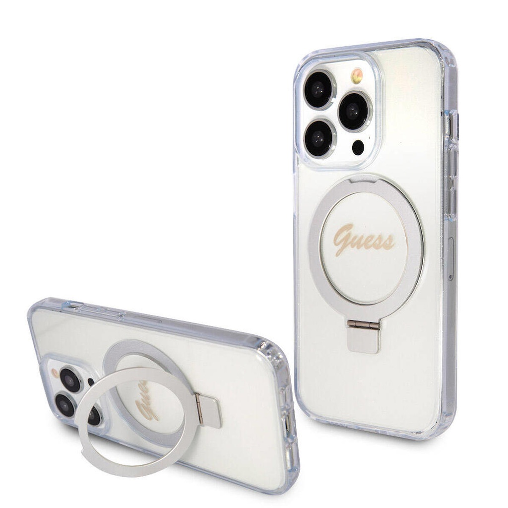 Apple iPhone 15 Pro Max Uyumlu Kılıf Guess Orjinal Lisanslı M-safe Şarj Özellikli Simli Arka Yüzey Ring Standlı Kapak