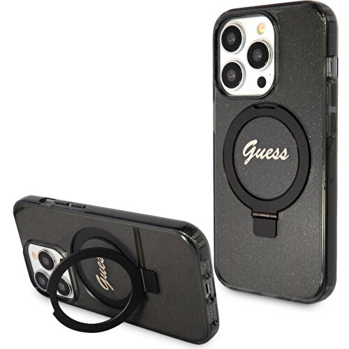 Apple iPhone 15 Pro Max Uyumlu Kılıf Guess Orjinal Lisanslı M-safe Şarj Özellikli Simli Arka Yüzey Ring Standlı Kapak