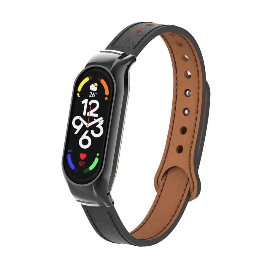 [RNZ-TA77023] Xiaomi Mi Band 7 Uyumlu Kordon Deri Metal Tokalı KRD-68 Kayış (Siyah)