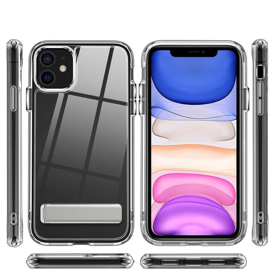 Apple iPhone 11 Uyumlu Kılıf Standlı Şeffaf Silikon Zore L-Stand Kapak