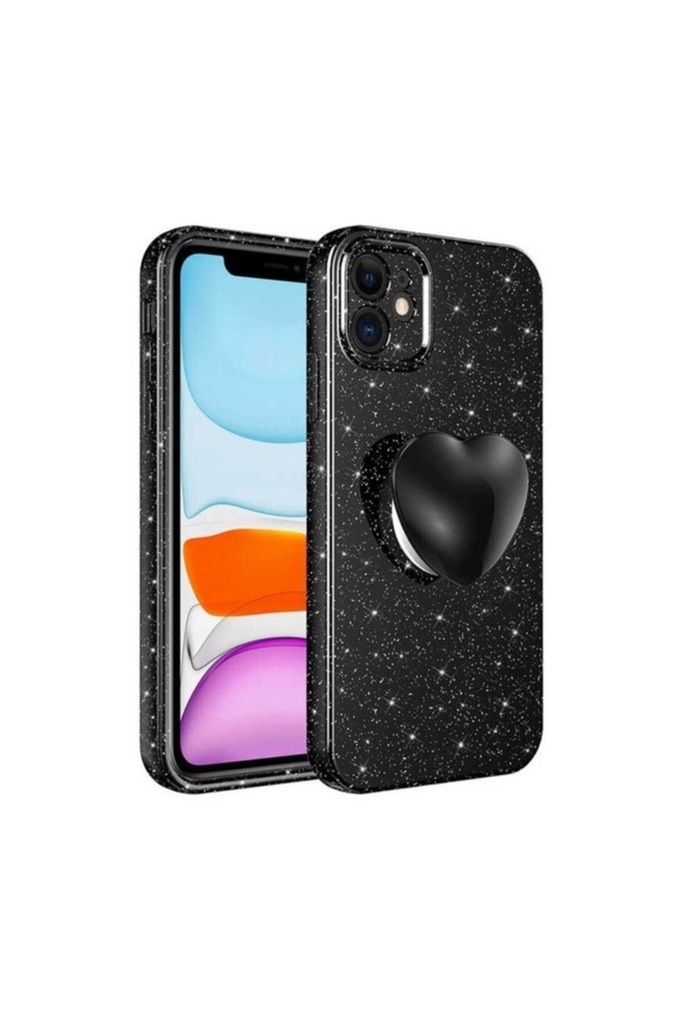 [RNZ-TA76811] Apple iPhone 11 Uyumlu Kılıf Kamera Korumalı Simli Pop Soketli Lüks Zore Koton Soketli Kapak (Siyah)