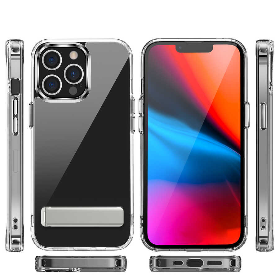 [RNZ-TA76863] Apple iPhone 13 Pro Max Uyumlu Kılıf Standlı Şeffaf Silikon Zore L-Stand Kapak