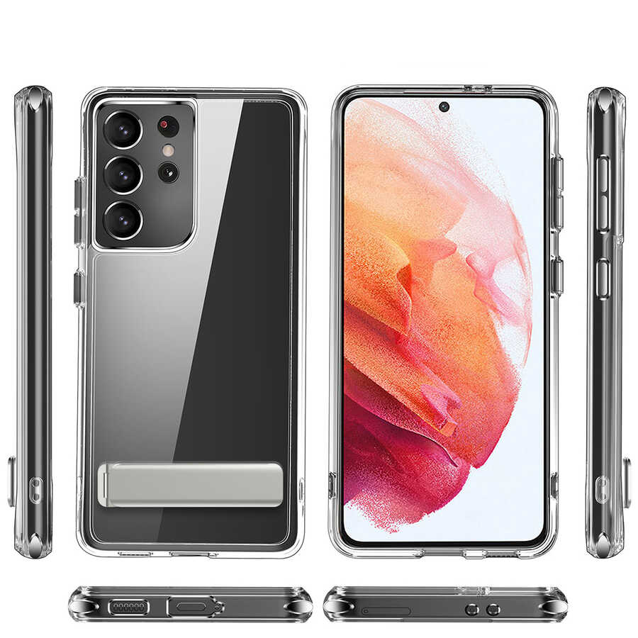 Samsung Galaxy S21 Ultra Uyumlu Kılıf Standlı Şeffaf Silikon Zore L-Stand Kapak