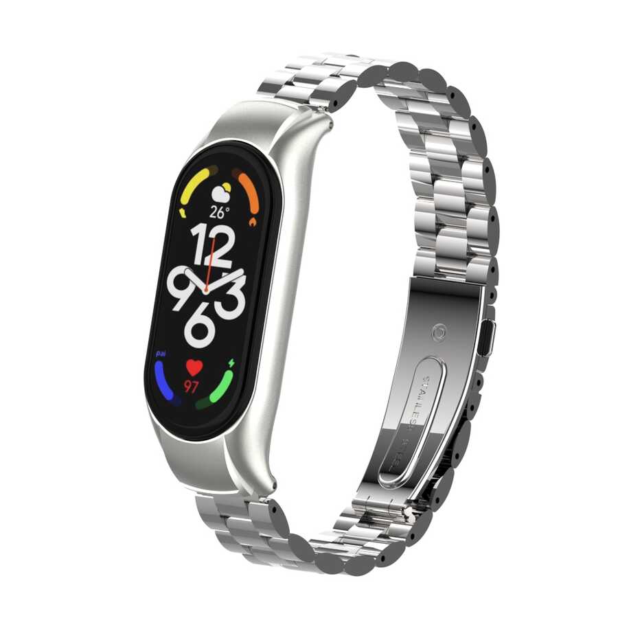 Xiaomi Mi Band 7 Uyumlu Kordon Paslanmaz Metal Baklalı Tasarım KRD-04 Kayış