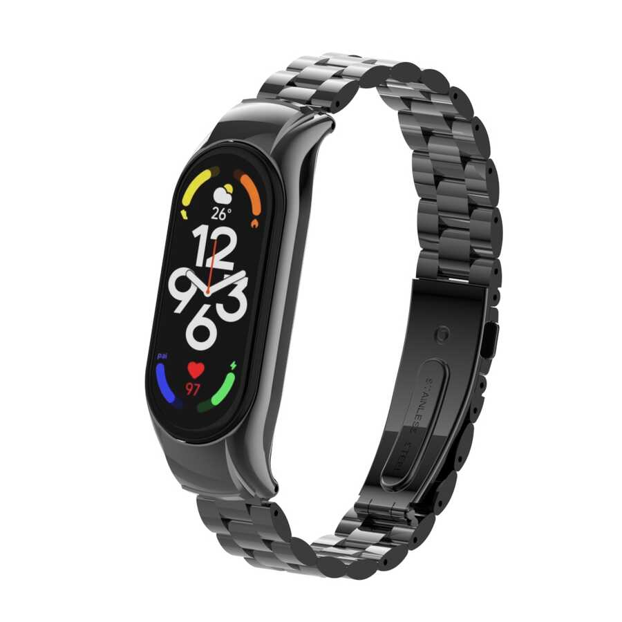 [RNZ-TA77013] Xiaomi Mi Band 7 Uyumlu Kordon Paslanmaz Metal Baklalı Tasarım KRD-04 Kayış (Siyah)