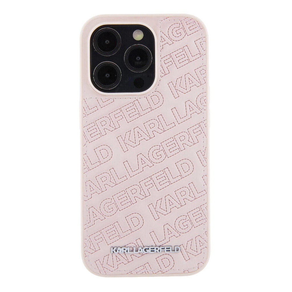 Apple iPhone 15 Pro Max Uyumlu Kılıf Karl Lagerfeld Orjinal Lisanslı Metal Yazı Logolu Dikişli Logo Arka Yüzey Kapitone Kapak