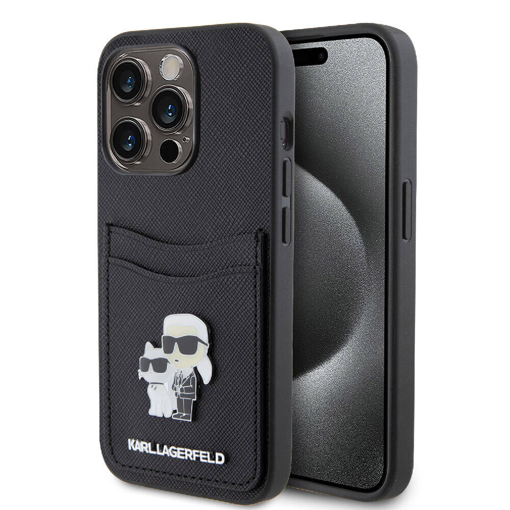 Apple iPhone 15 Pro Uyumlu Kılıf Karl Lagerfeld Orjinal Lisanslı Metal Logo Kartlıklı Saffiano Kapak