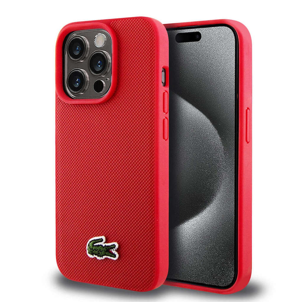 Apple iPhone 15 Pro Uyumlu Kılıf Lacoste Orjinal Lisanslı PU Pike Desenli Arka Yüzey İkonik Timsah Dokuma Logolu Kapak