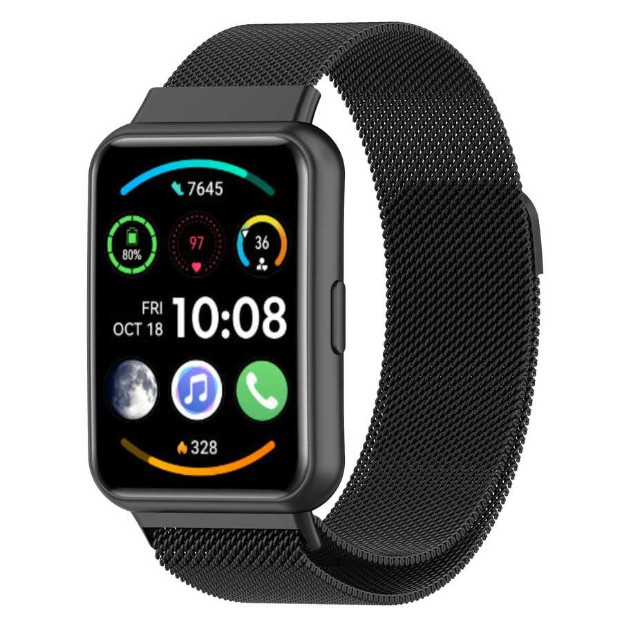 [RNZ-TA77723] Huawei Watch Fit 2 Uyumlu Kordon Hasır Metal Mıknatıslı Örgü Zore KRD-01 Kayış (Siyah)