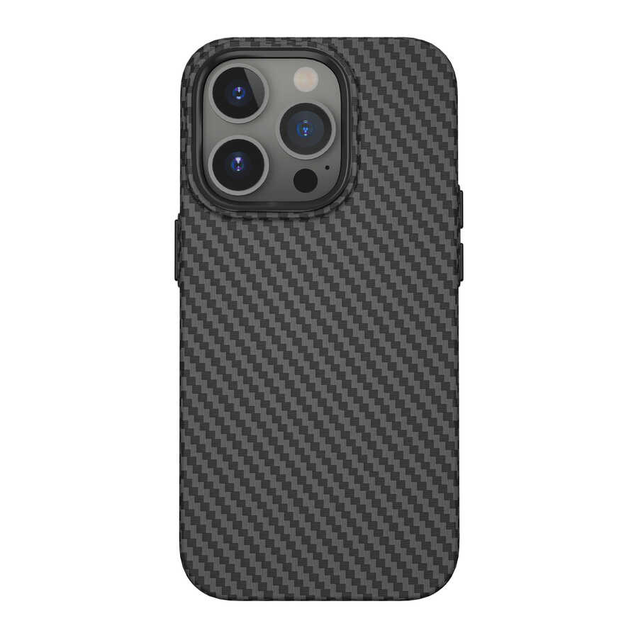 [RNZ-TA79716] Apple iPhone 14 Pro Uyumlu Kılıf ​​​​​Wiwu Karbon Fiber Görünümlü M-safe Wireless Şarj Özellikli Kabon Kapak (Siyah)