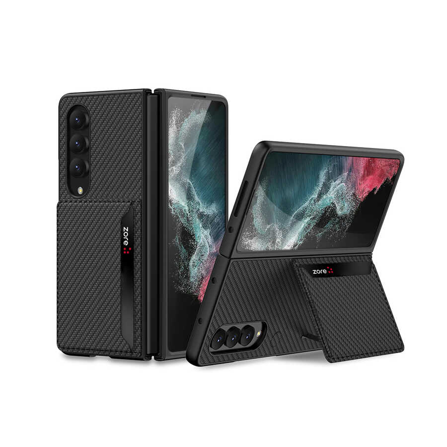[RNZ-TA79818] Samsung Galaxy Z Fold 4 Uyumlu Kılıf Karbonfiber Arka Yüzey Zore Kartlıklı Kıpta Silikon Kapak