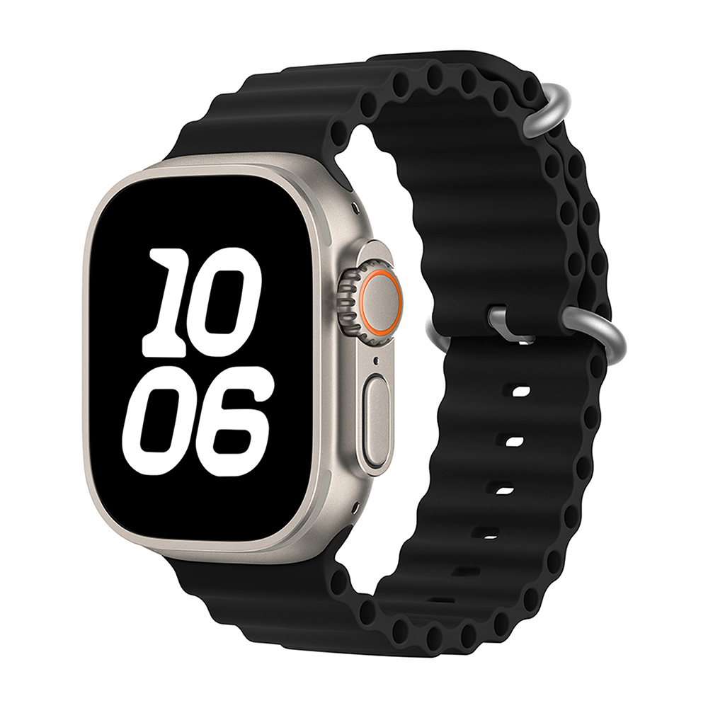 [RNZ-TA79920] Apple Watch Ultra 49mm Uyumlu Kordon Ocean Silikon Yumuşak Esnek Metal Tokalı Zore KRD-75 Kayış (Siyah)