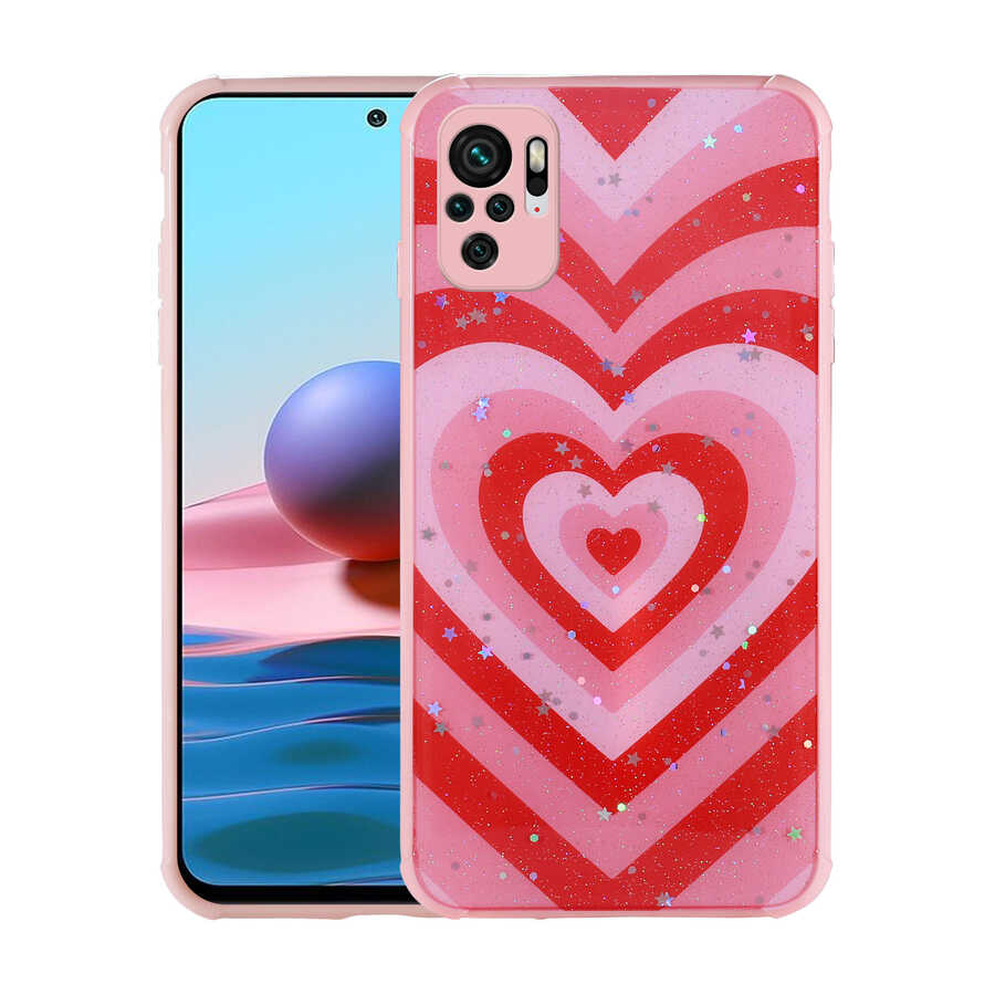 [RNZ-TA80121] Xiaomi Poco M5S Uyumlu Kılıf Simli Desenli Kamera Korumalı Parlak Zore Popy Kapak (Kalp)
