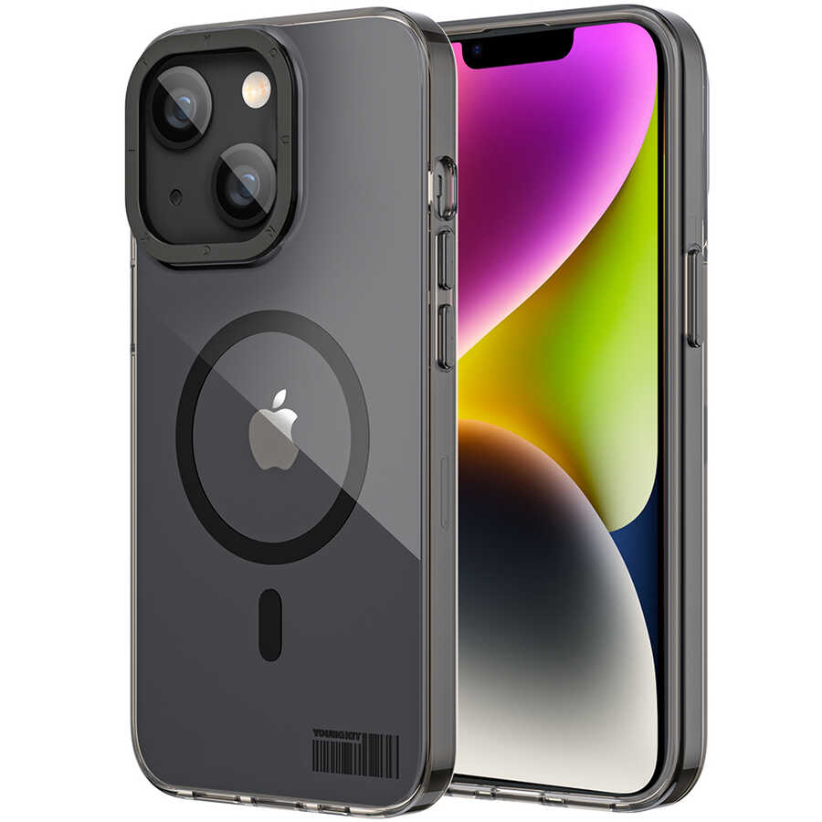 [RNZ-TA80249] Apple iPhone 14 Uyumlu Kılıf M-safe Şarj Özellikli Youngkit Coloured Glaze Serisi Kapak (Siyah)