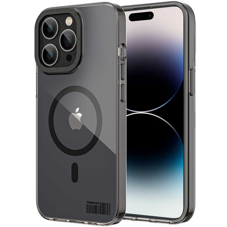[RNZ-TA80257] Apple iPhone 14 Pro Uyumlu Kılıf M-safe Şarj Özellikli Youngkit Coloured Glaze Serisi Kapak (Siyah)
