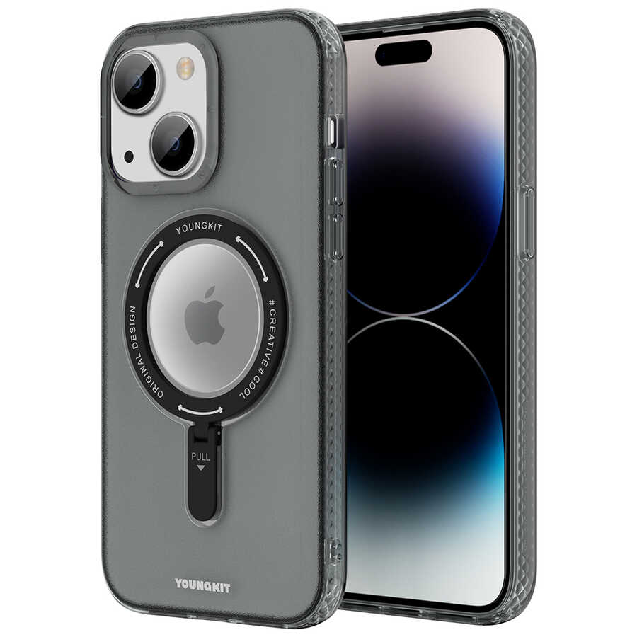[RNZ-TA80322] Apple iPhone 14 Plus Uyumlu Kılıf M-safe Şarj Özellikli Youngkit Rock Serisi Kapak (Siyah)