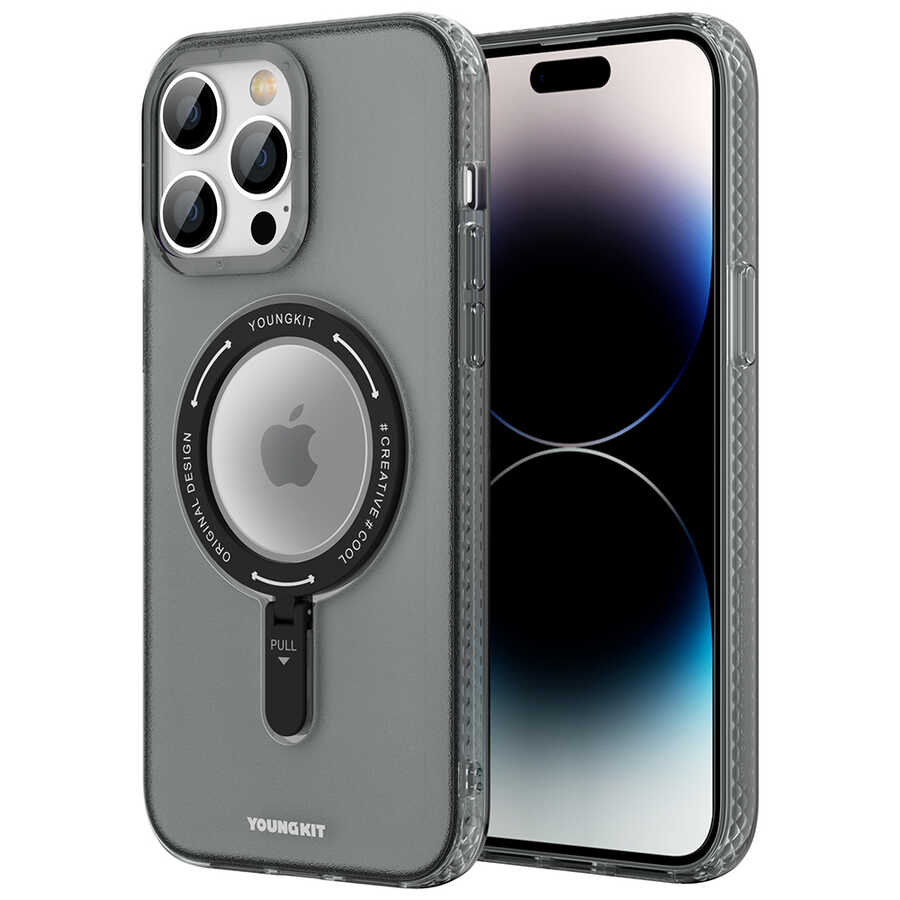 [RNZ-TA80330] Apple iPhone 14 Pro Max Uyumlu Kılıf M-safe Şarj Özellikli Youngkit Rock Serisi Kapak (Siyah)