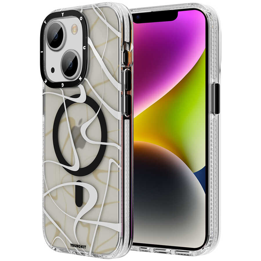 [RNZ-TA80338] Apple iPhone 14 Plus Uyumlu Kılıf M-safe Şarj Özellikli Youngkit Water-Ink Serisi Kapak (Siyah)