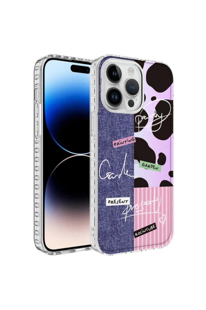 Apple iPhone 14 Pro Uyumlu Kılıf Airbag Kenarlı Renkli Desenli Silikon Zore Elegans Kapak
