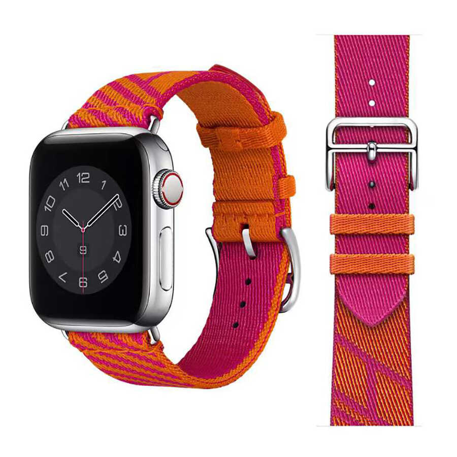 Apple Watch 7 41mm Uyumlu Kordon Kumaş Renkli Metal Klipsli KRD-51 Hasır Kayış