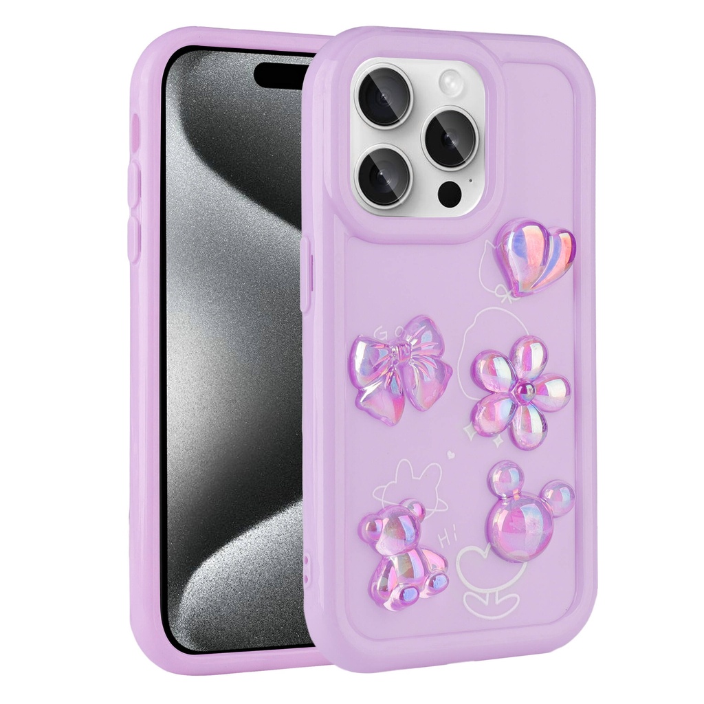 [RNZ-TA97280] Apple iPhone 14 Pro Uyumlu Kılıf Kabartma Figürlü Parlak Zore Toys Silikon Kapak (Mor)