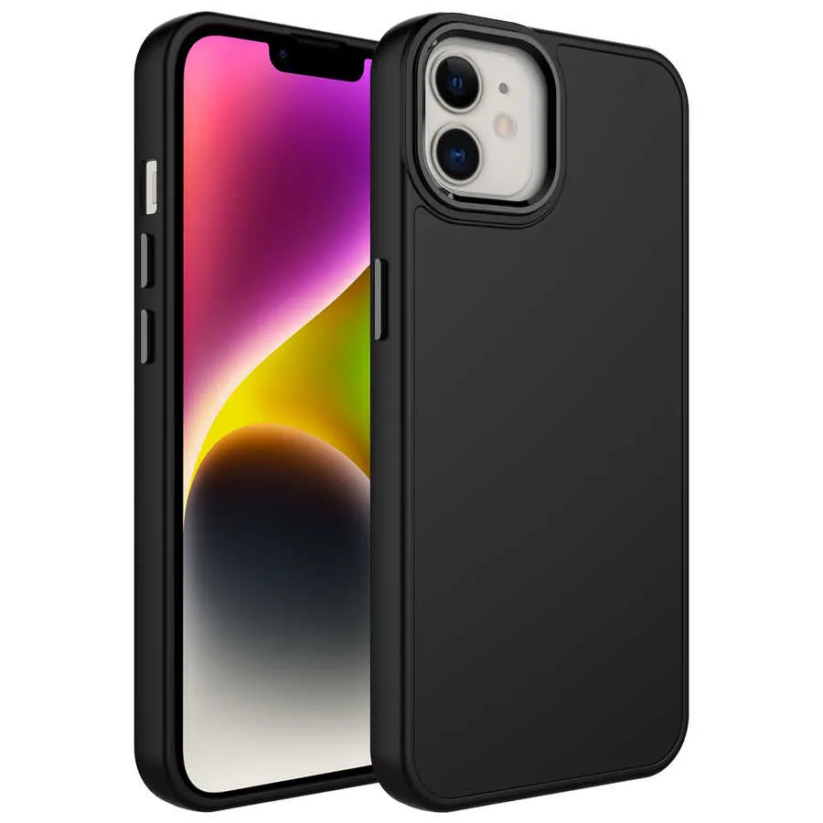 [RNZ-TA81622] Apple iPhone 12 Uyumlu Kılıf Metal Çerçeve ve Buton Tasarımlı Silikon Zore Luna Kapak (Siyah)