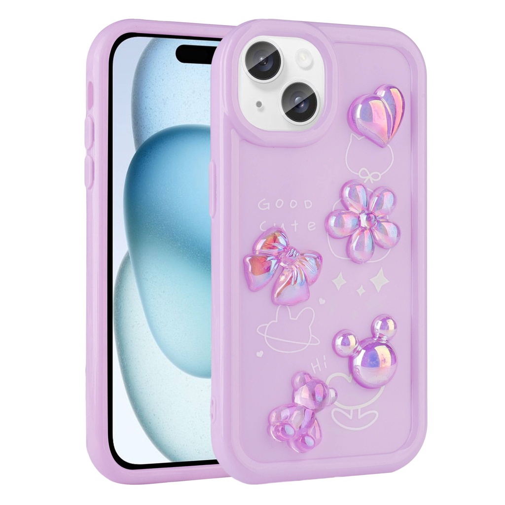 [RNZ-TA97289] Apple iPhone 15 Plus Uyumlu Kılıf Kabartma Figürlü Parlak Zore Toys Silikon Kapak (Mor)
