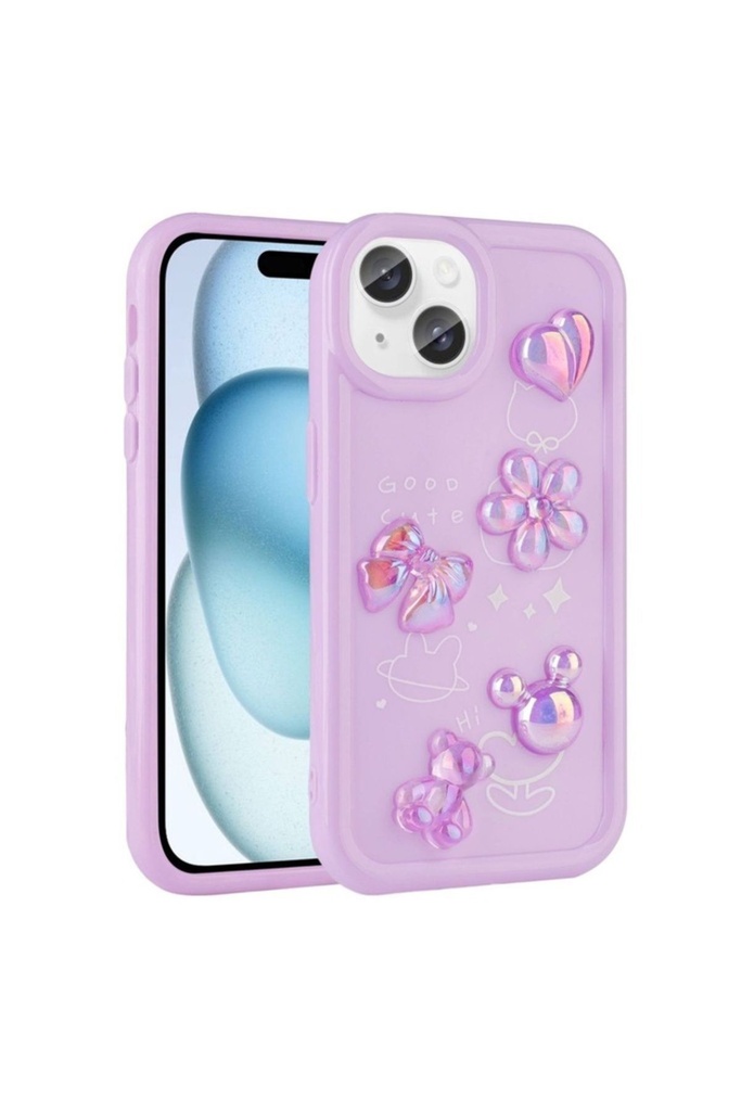 [RNZ-TA97289] Apple iPhone 15 Plus Uyumlu Kılıf Kabartma Figürlü Parlak Zore Toys Silikon Kapak (Mor)