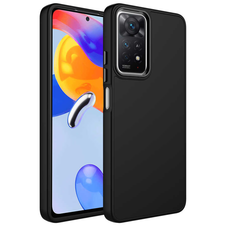 [RNZ-TA81818] Xiaomi Redmi Note 11 Global Uyumlu Kılıf Metal Çerçeve ve Buton Tasarımlı Silikon Zore Luna Kapak (Siyah)