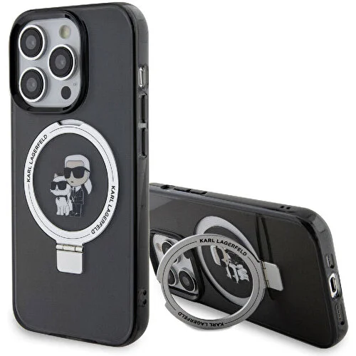 Apple iPhone 15 Pro Uyumlu Kılıf Karl Lagerfeld Orjinal Lisanslı M-safe Şarj Özellikli K&C İkonik Baskılı Ring Standlı Kapak