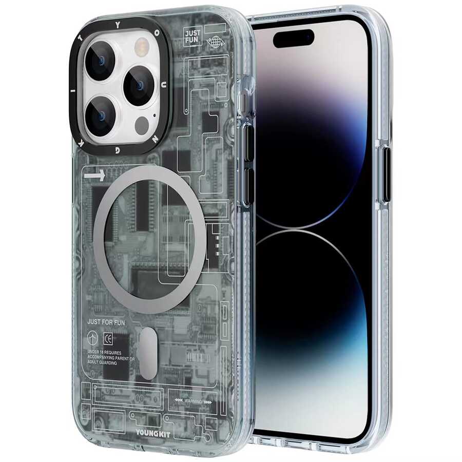 [RNZ-TA82095] Apple iPhone 14 Pro Uyumlu Kılıf M-safe Şarj Özellikli YoungKit Technology Serisi Kapak (Siyah)