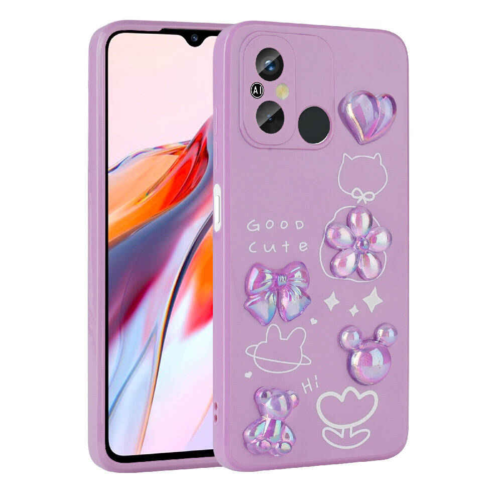 [RNZ-TA97313] Xiaomi Redmi 12C Uyumlu Kılıf Kabartma Figürlü Parlak Zore Toys Silikon Kapak (Mor)