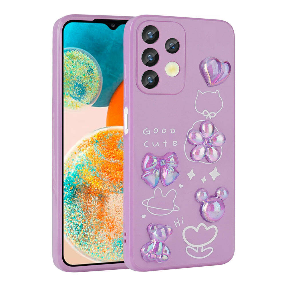 [RNZ-TA98442] Samsung Galaxy A13 4G Uyumlu Kılıf Kabartma Figürlü Parlak Zore Toys Silikon Kapak (Mor)