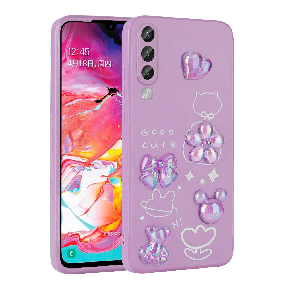 [RNZ-TA97334] Samsung Galaxy A50 Uyumlu Kılıf Kabartma Figürlü Parlak Zore Toys Silikon Kapak (Mor)
