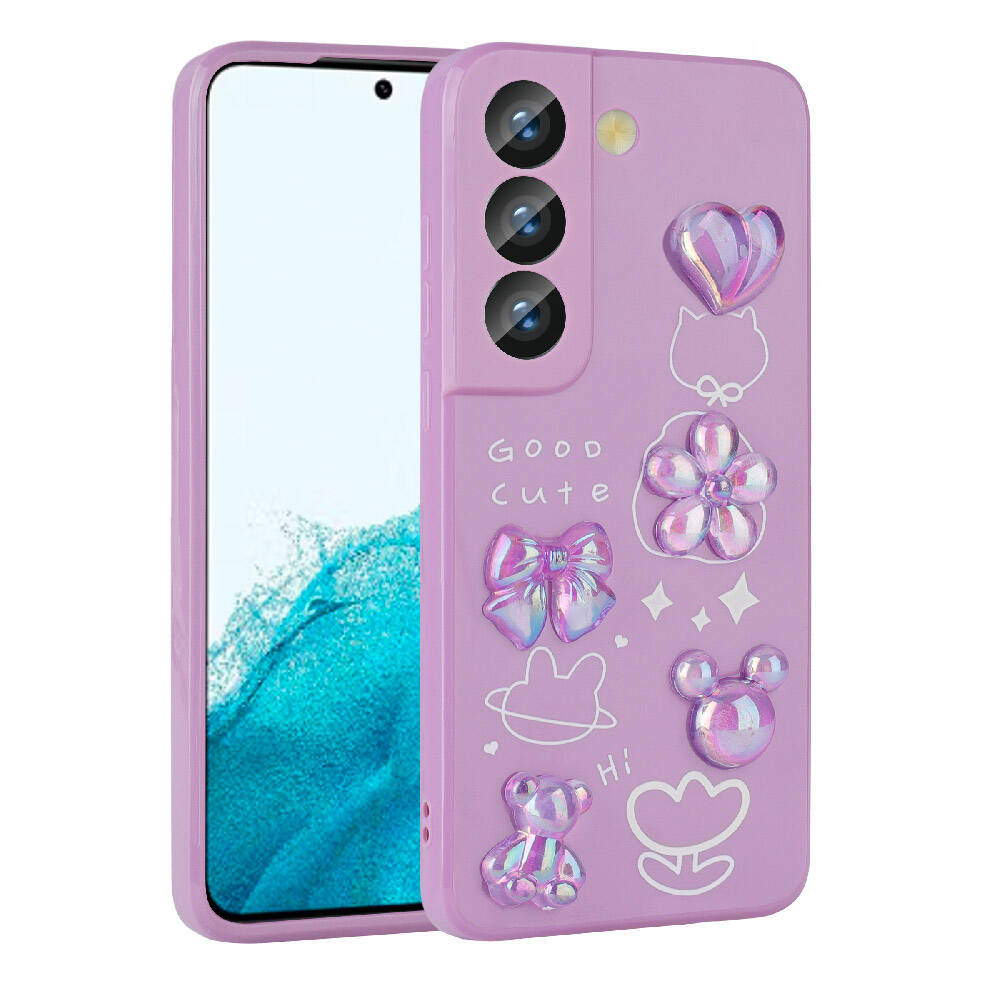 [RNZ-TA98439] Samsung Galaxy S21 FE Uyumlu Kılıf Kabartma Figürlü Parlak Zore Toys Silikon Kapak (Mor)