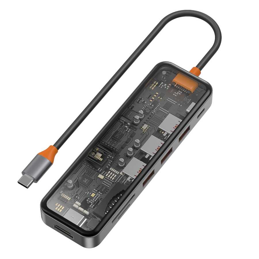 [RNZ-TA82728] Wiwu CB007 Cyber 7 in 1 Type-C Hub 100W Şarj Destekli Şeffaf Görünümlü SD Kart-Hdmi-Usb Çoğaltıcı