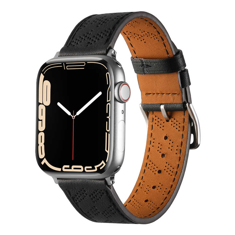 [RNZ-TA82741] ​​​Apple Watch 38mm Uyumlu Kordon Deri Şık Tasarımlı Luxury Strap KRD-76 Kayış (Siyah)