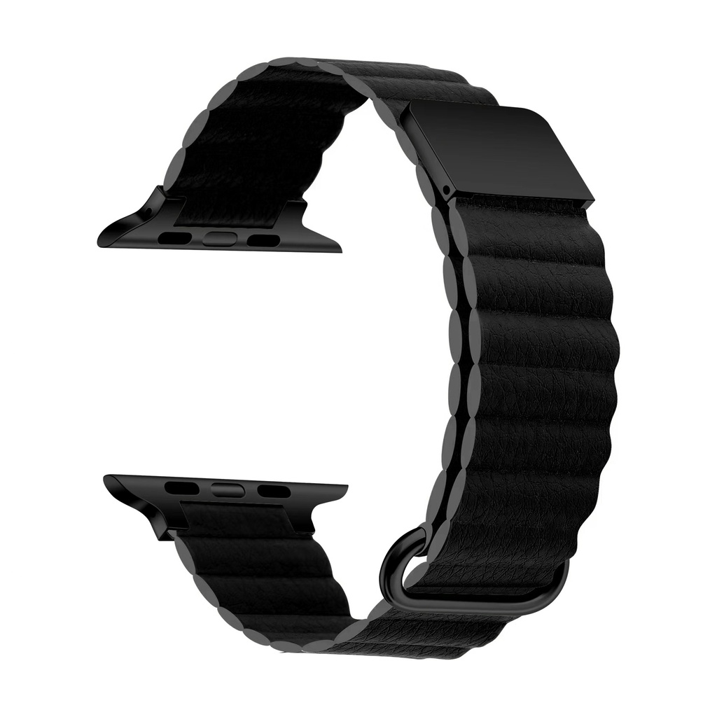[RNZ-TA84115] ​​​Apple Watch 38mm Uyumlu Kordon PU Deri Bakla Tasarımlı Mıknatıslı KRD-78 Kayış (Siyah)