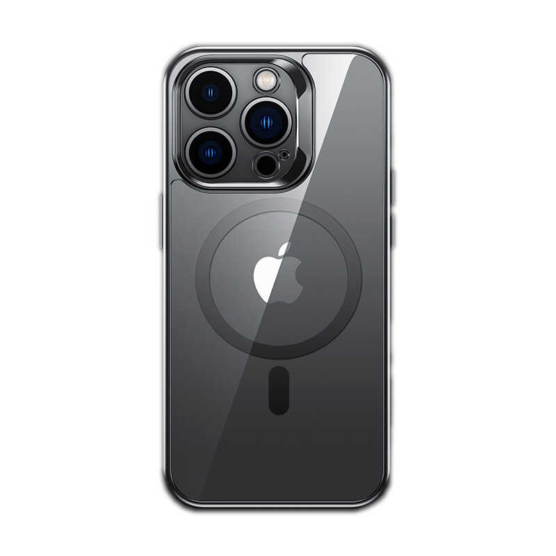 [RNZ-TA83989] Apple iPhone 14 Pro Uyumlu Kılıf M-safe Şarj Özellikli Premium Cam Arka Yüzey Benks Electroplated Kapak (Siyah)