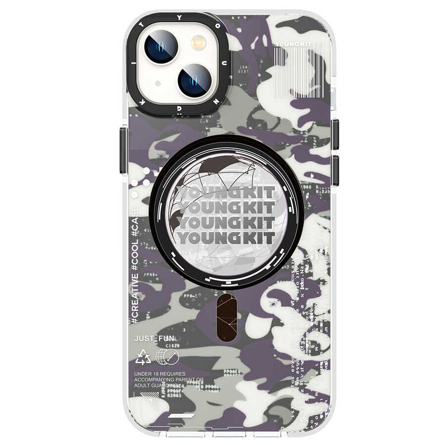 [RNZ-TA83424] Apple iPhone 14 Plus Uyumlu Kılıf M-safe Şarj Özellikli YoungKit Kamuflaj Serisi Kapak (Siyah)