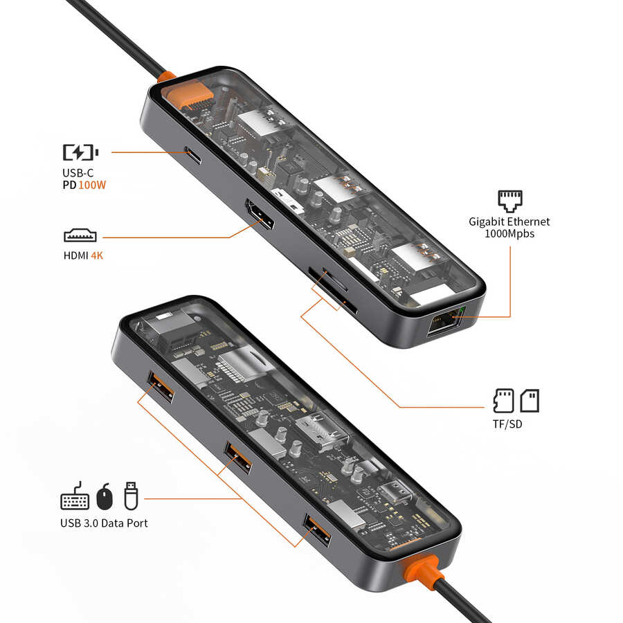 [RNZ-TA83451] Wiwu CB008 Cyber 8 in 1 Type-C Hub 100W Şarj Destekli Şeffaf Görünümlü SD Kart-RJ45-Hdmi-Usb Çoğaltıcı
