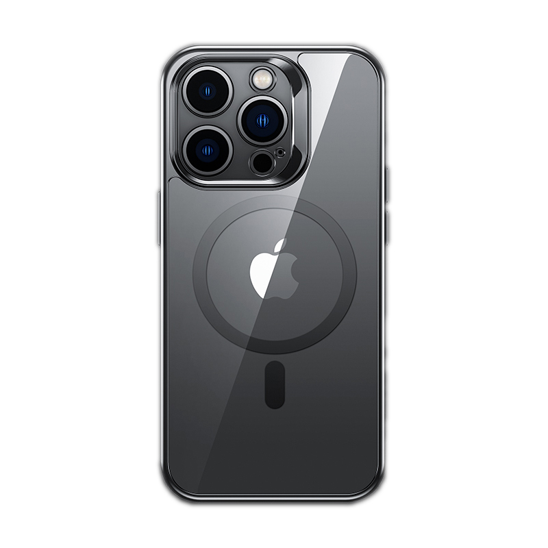 [RNZ-TA90327] Apple iPhone 14 Pro Max Uyumlu Kılıf M-safe Şarj Özellikli Premium Cam Arka Yüzey Benks Electroplated Kapak (Siyah)