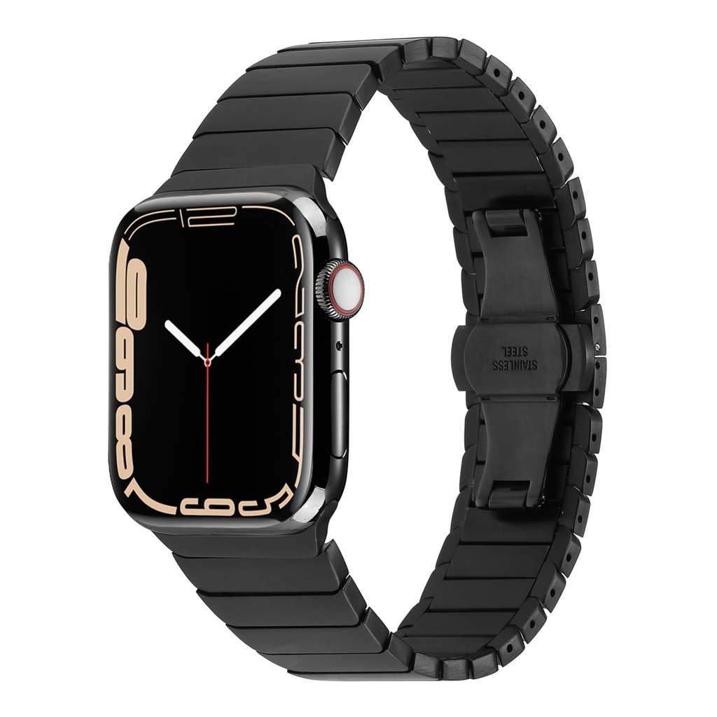 [RNZ-TA84527] ​​​Apple Watch 7 41mm Uyumlu Kordon Metal Paslanmaz Klipsli KRD-79 Kayış (Siyah)