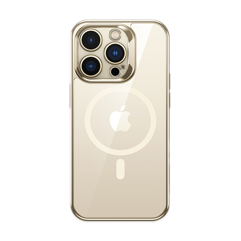 [RNZ-TA84710] Apple iPhone 14 Pro Max Uyumlu Kılıf M-safe Şarj Özellikli Cam Yüzey Ekran Koruyuculu Benks Electroplated Kapak (Gold)