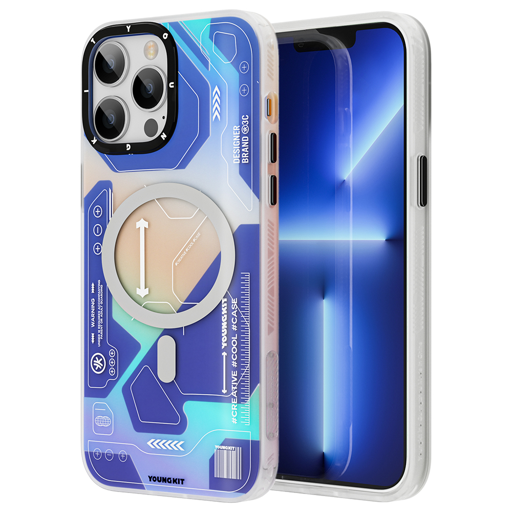 [RNZ-TA85044] Apple iPhone 13 Pro Max Uyumlu Kılıf M-safe Şarj Özellikli YoungKit Metaverse Serisi Kapak (Mavi)