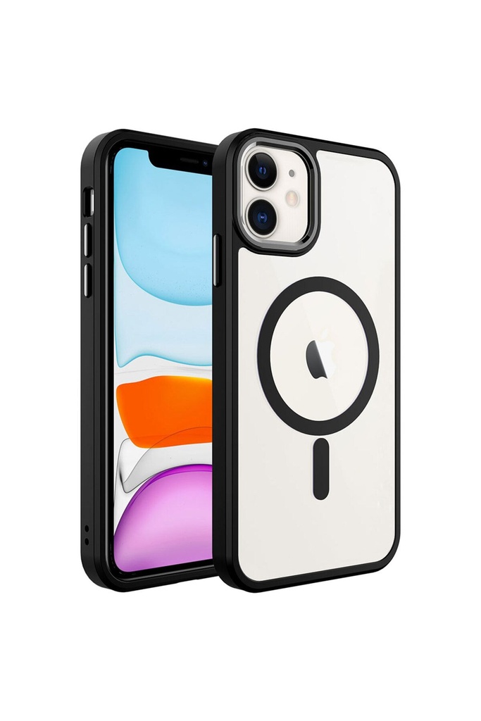 [RNZ-TA85093] Apple iPhone 11 Uyumlu Kılıf Wireless Şarj Özellikli Zore Krom M-safe Silikon Kapak (Siyah)