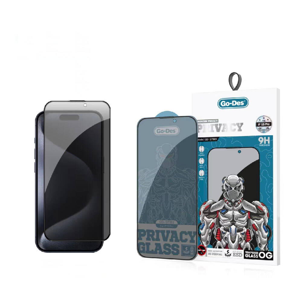 [RNZ-TA97402] Apple iPhone 15 Pro Uyumlu Go Des 9D Full Cover Privacy Temperli Cam Ekran Koruyucu