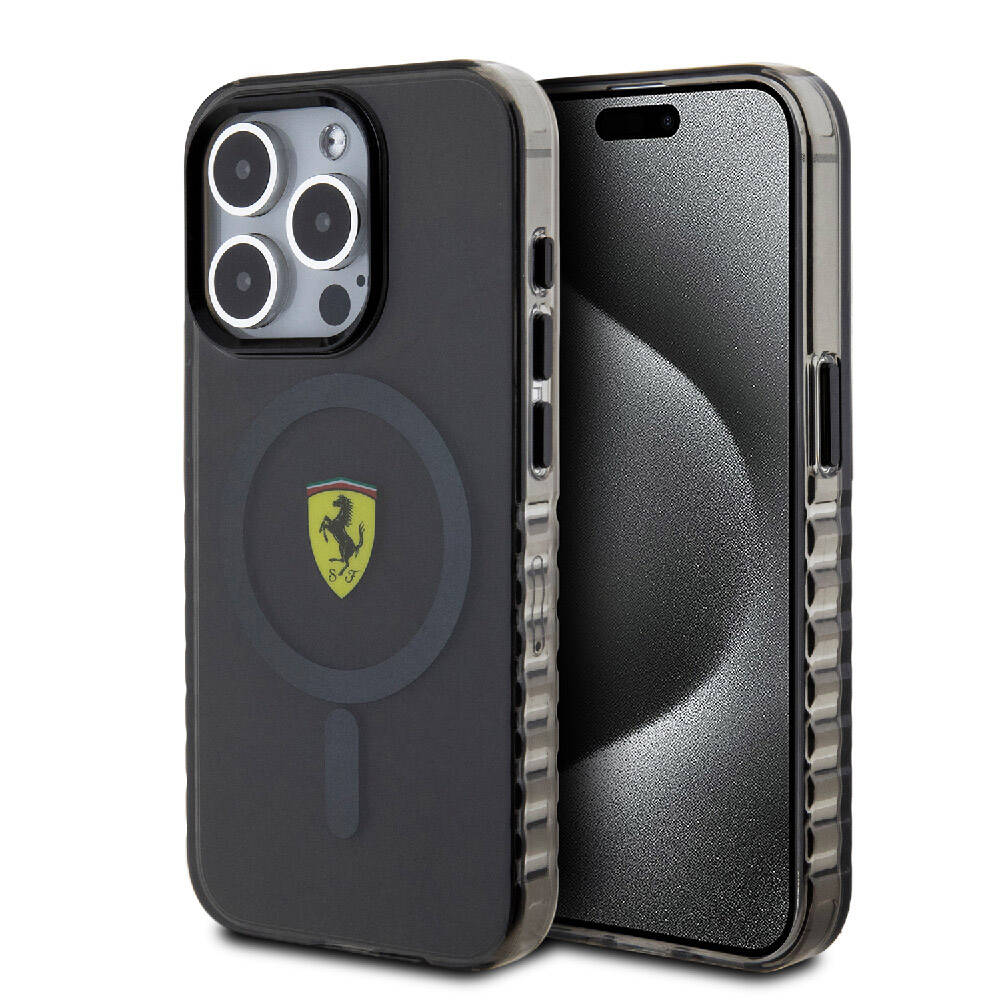 [ZTA97503] Apple iPhone 15 Pro Uyumlu Kılıf Ferrari Orjinal Lisanslı M-safe Şarj Özellikli Tırtıklı Kenar Tasarımlı Ortalanmış Logo Kapak (Siyah)