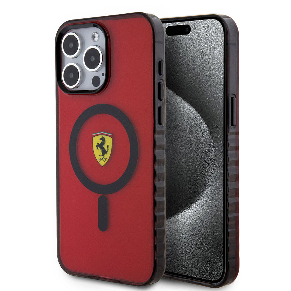 Apple iPhone 15 Pro Max Uyumlu Kılıf Ferrari Orjinal Lisanslı M-safe Şarj Özellikli Tırtıklı Kenar Tasarımlı Ortalanmış Logo Kapak