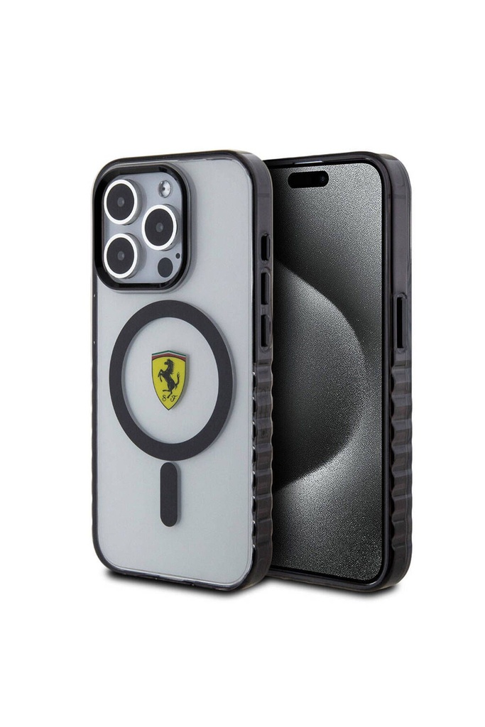 Apple iPhone 15 Pro Max Uyumlu Kılıf Ferrari Orjinal Lisanslı M-safe Şarj Özellikli Tırtıklı Kenar Tasarımlı Ortalanmış Logo Kapak
